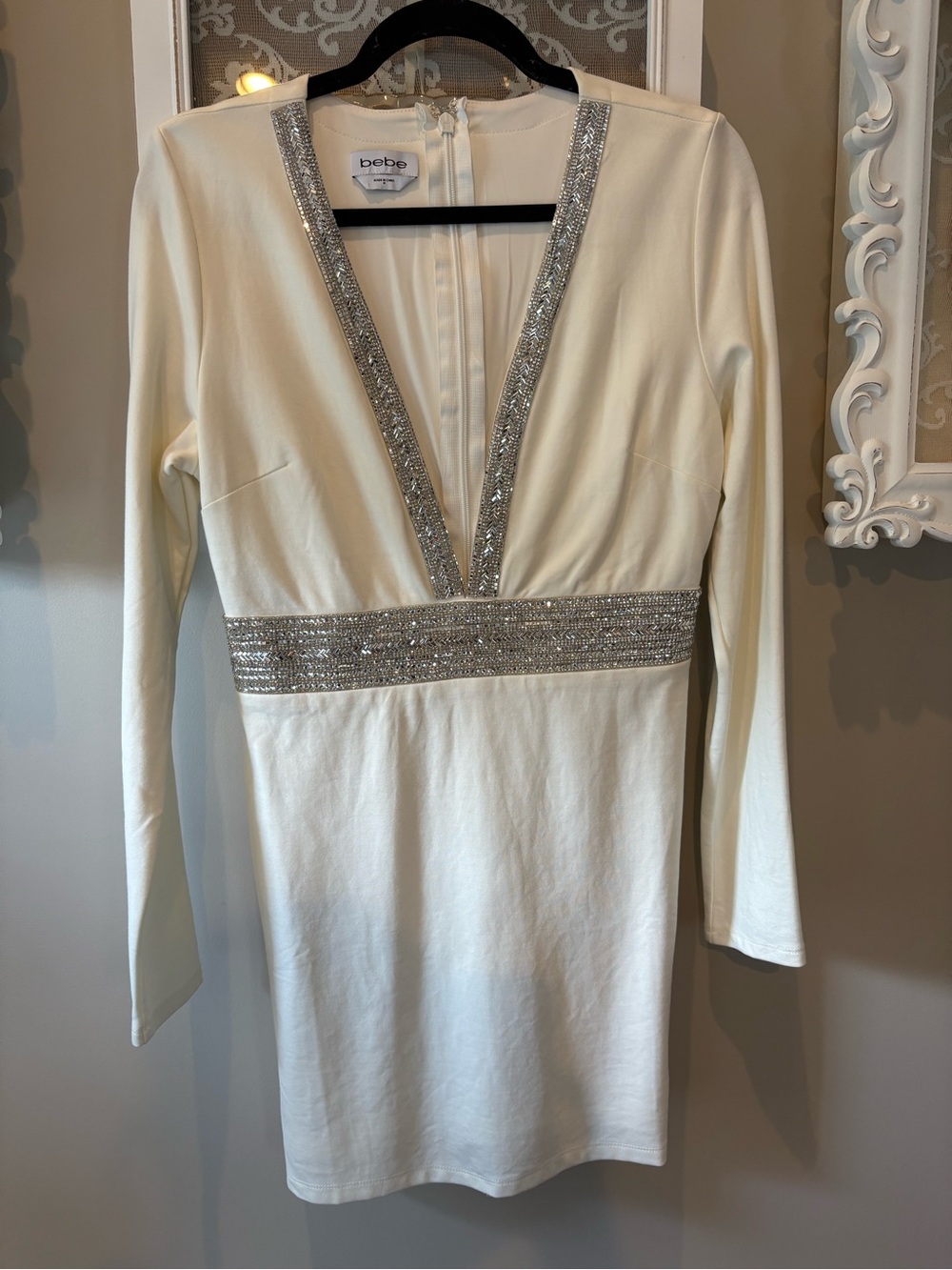 bebe Cream Long-Sleeve V-Neck Dress with Silver Embellishment